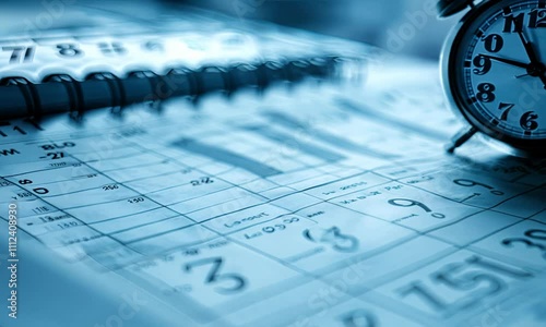 close up of calendar and clock on the blue table background, planning for business meeting or travel planning concept