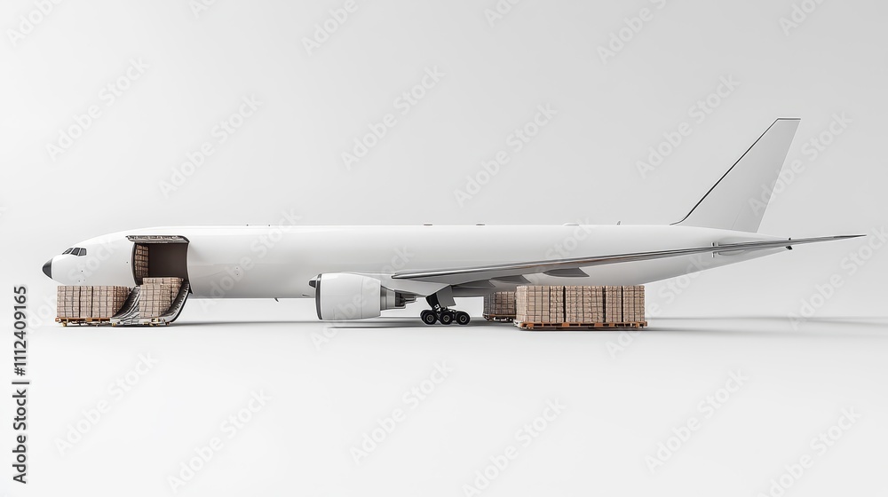 Fototapeta premium A cargo airplane with open doors revealing pallets, set on a smooth white background, high detail, and functional design 