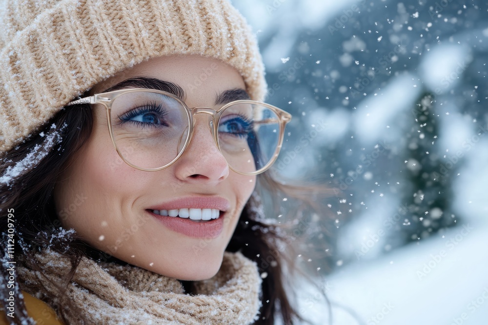 A smiling woman in a warm beanie and scarf embraces the winter joy, surrounded by snowy landscapes, showcasing happiness and tranquility in a breathtaking environment.