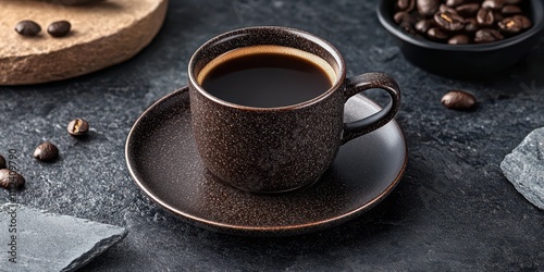 Espresso diluted with hot water, served in a clean ceramic cup, sleek stone background, top view, reserved for text. photo