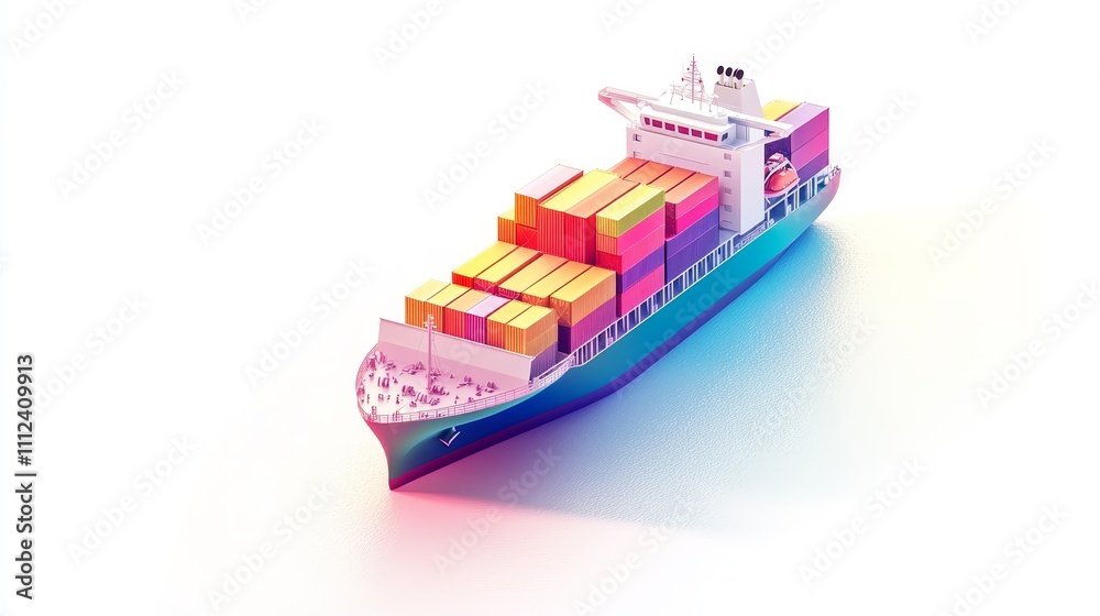 Fototapeta premium A cargo ship with containers in gradient colors, positioned on a pure white surface, clean lines, and minimalistic composition