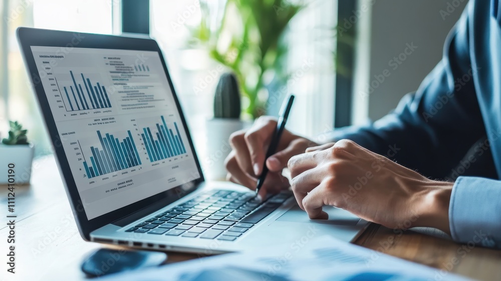 Executive in a Modern Office Engaging in Company Strategy Planning with Data Visualization on Laptop Executive in a Modern Office Engaging in Company Strategy Planning with Data Visualization on Laptop
