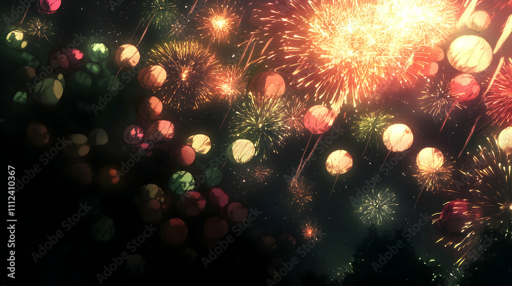 Fototapeta premium Magical fireworks display with colorful bokeh circles, perfect for celebration, festival, or holiday backgrounds.