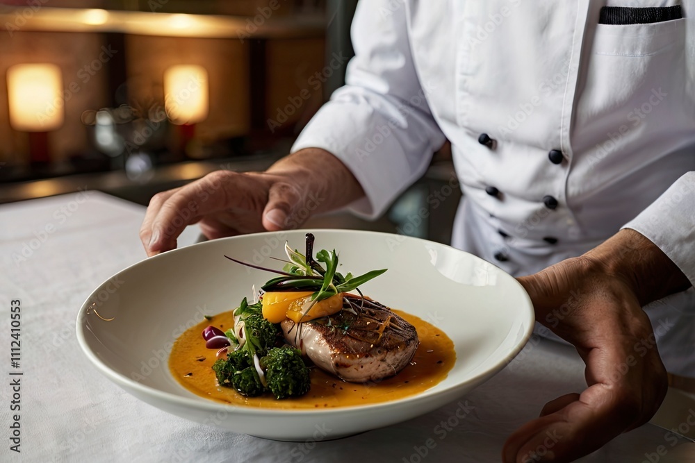 close_up_of_chef_serving_a_dish_in_restaurant close_up_of_chef_serving_a_dish_in_restaurant