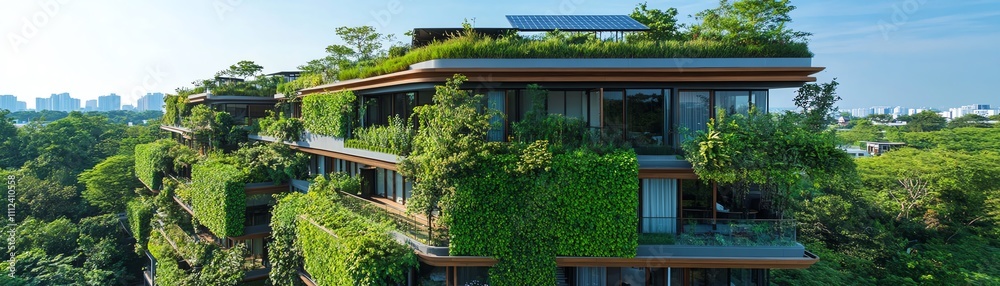 A modern rooftop covered in lush greenery A modern rooftop covered in lush greenery