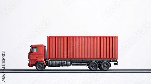 A cargo truck with a vibrant red container, positioned on a smooth white backdrop, sharp details, and clean industrial aesthetic