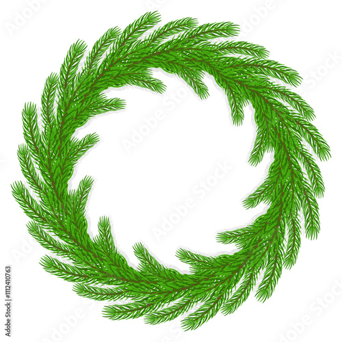 Realistic wreath of fir branches isolated on transparent background. Festive frame with place for text or photo. Vector illustration