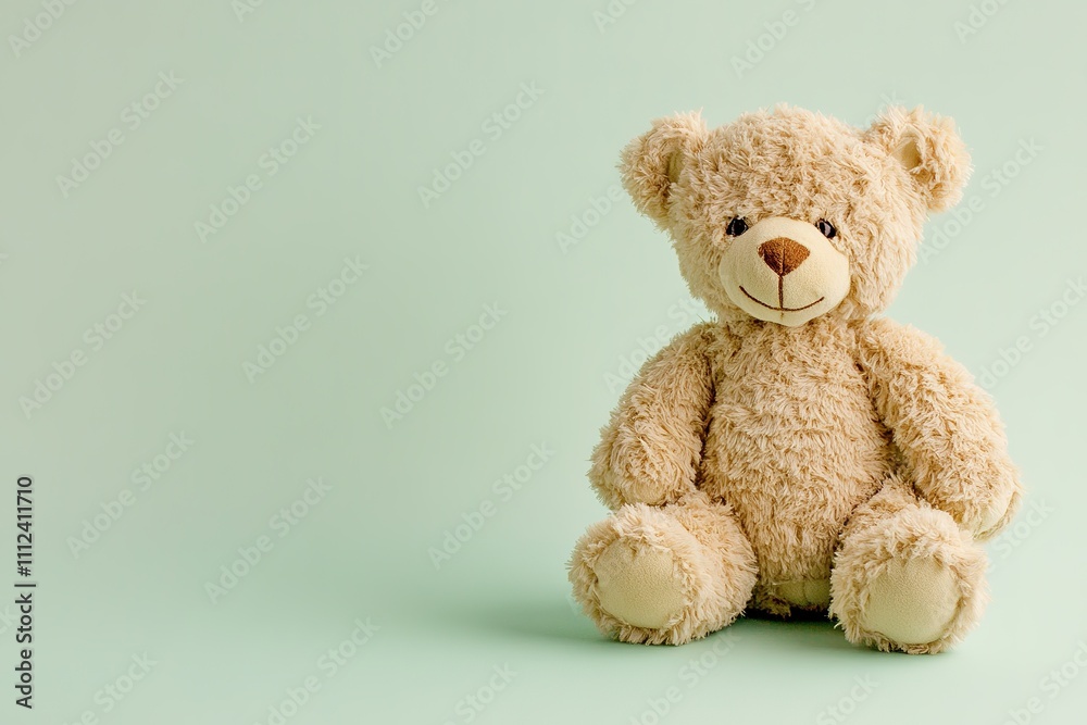 Plush teddy bear on mint background with space for text