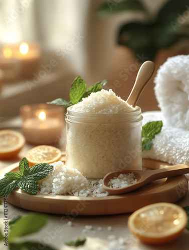 A luxurious spa-like setting showcasing detox bath products: a glass jar of detoxifying bath salts, a wooden spoon, and a steaming bathtub in the background. 