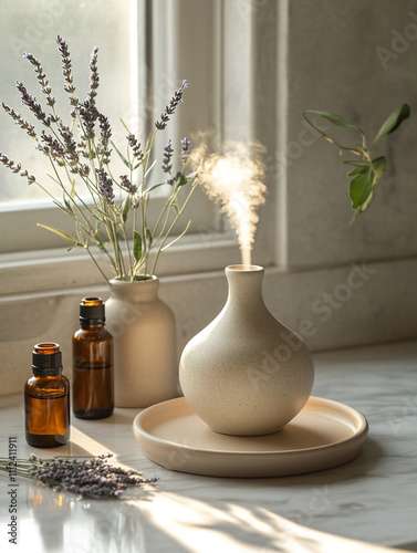 A minimalist flat-lay arrangement of aromatherapy products, including a ceramic diffuser releasing a soft mist, amber bottles of essential oils, and a small tray with scattered dried lavender buds and