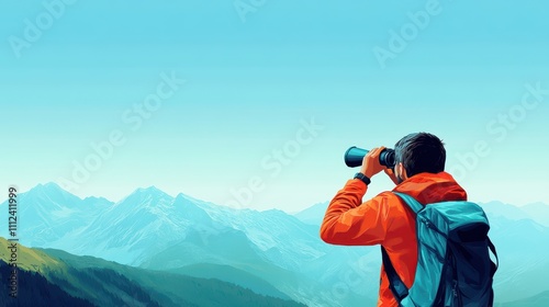 Person Observing Majestic Mountain Landscape Through Binoculars in Bright Clear Sky