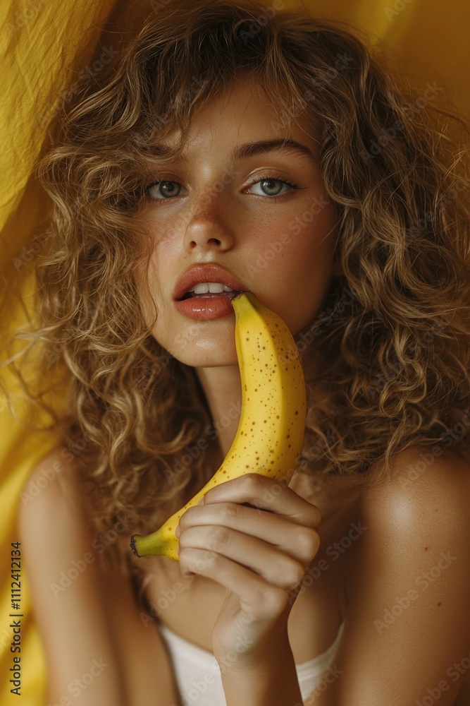 A serene and beautiful woman enjoying a banana, her face framed by soft curls, with a shallow depth of field creating a dreamy, intimate atmosphere A serene and beautiful woman enjoying a banana, her face framed by soft curls, with a shallow depth of field creating a dreamy, intimate atmosphere