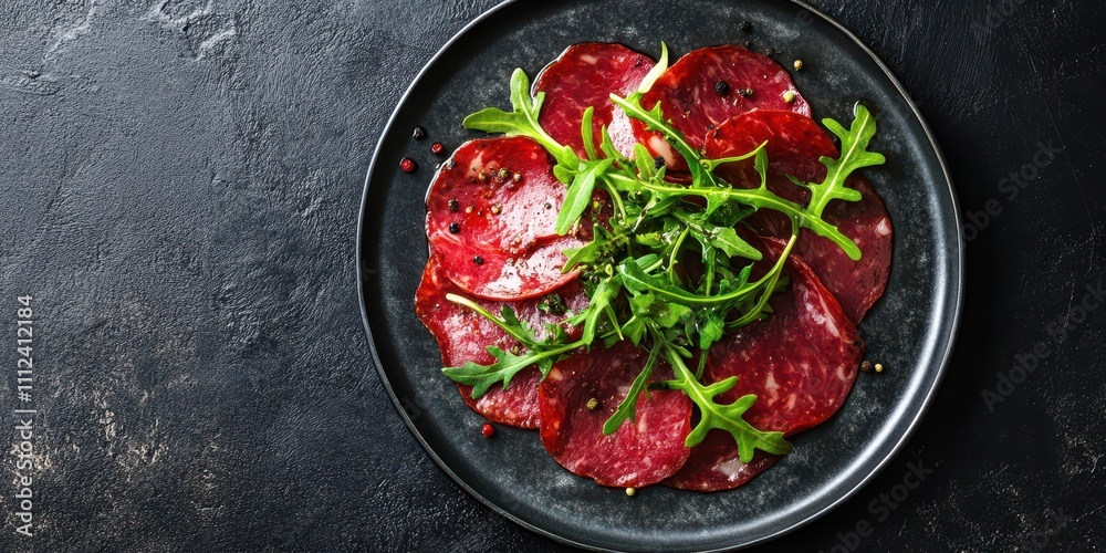 Thin slices of Bresaola garnished with arugula, plated on a sleek stone dish, top view, reserved text space. Thin slices of Bresaola garnished with arugula, plated on a sleek stone dish, top view, reserved text space.