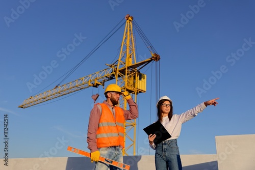 Construction manager and engineer discussing building project on site with crane in background