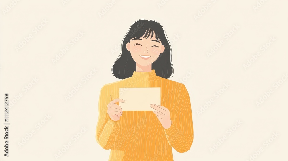 Joyful Woman Holding a Postcard with a Smile in a Casual Yellow Outfit Joyful Woman Holding a Postcard with a Smile in a Casual Yellow Outfit