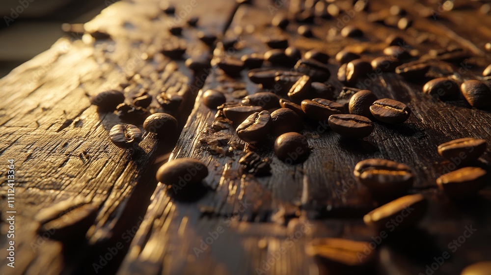 A close-up view of coffee beans scattered across a rustic wooden table, with a natural, warm-toned lighting that highlights the texture of both the beans A close-up view of coffee beans scattered across a rustic wooden table, with a natural, warm-toned lighting that highlights the texture of both the beans
