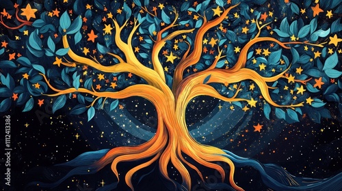 Celestial tree with orange, teal leaves and stars.