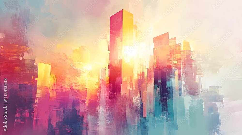 Abstract Cityscape Sunrise Painting Warm Hues Abstract Cityscape Sunrise Painting Warm Hues