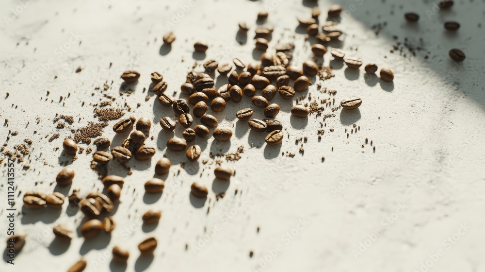 A close-up view of scattered coffee beans on a pristine white table, rich textures highlighting the glossy, roasted surfaces of the beans, natural 
