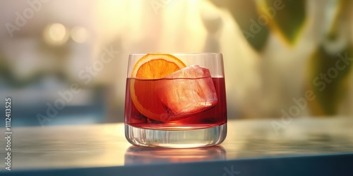 Bubbly Negroni Sbagliato cocktail with orange slice, served in a short glass on a sleek stone surface, front view, reserved for text. photo