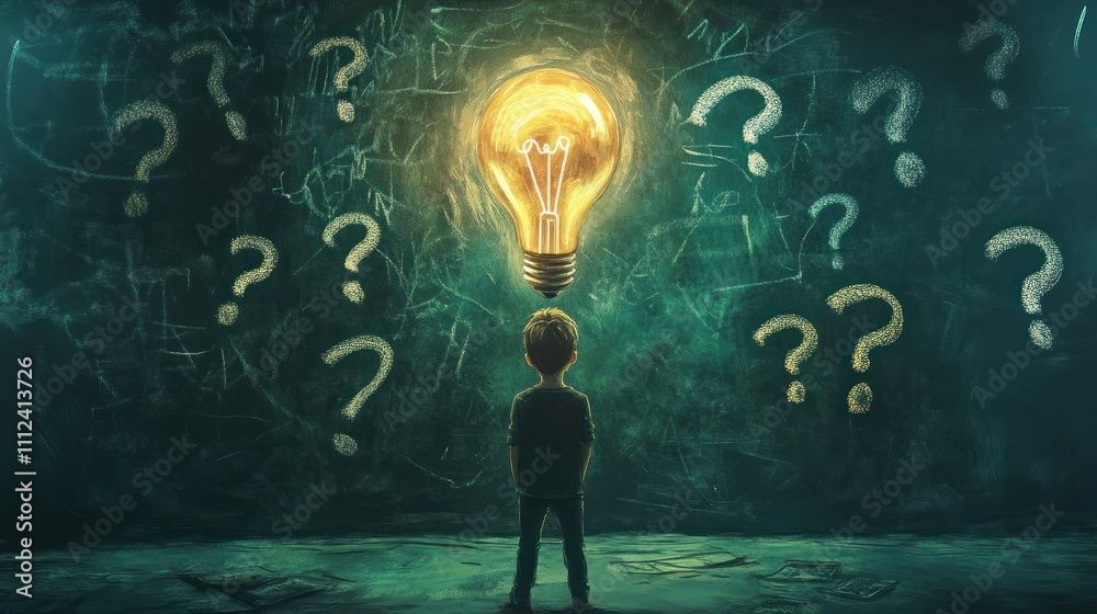 Boy gazing at glowing lightbulb amidst question marks and equations on blackboard, symbolizing curiosity and problem-solving. Boy gazing at glowing lightbulb amidst question marks and equations on blackboard, symbolizing curiosity and problem-solving.