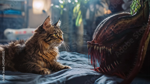 cat in a cozy bed room, gazing at a scary plant based alien monster with sharp teeth photo