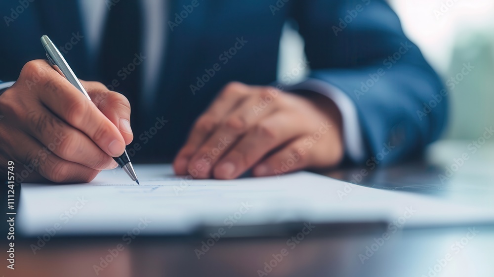 Anti-tracking boosts security. Businessman signing document at desk Anti-tracking boosts security. Businessman signing document at desk