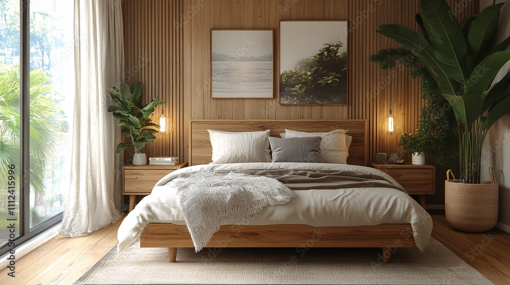 Stylish Bedroom with Walnut Furniture and Natural Accents Stylish Bedroom with Walnut Furniture and Natural Accents