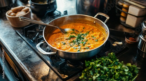 A rustic kitchen scene with a pot of curried pumpkin soup on the stove, ladle resting nearby, surrounded by fresh herbs and spices photo