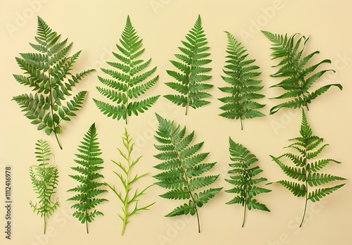 Assorted fern leaves creatively arranged on a beige surface