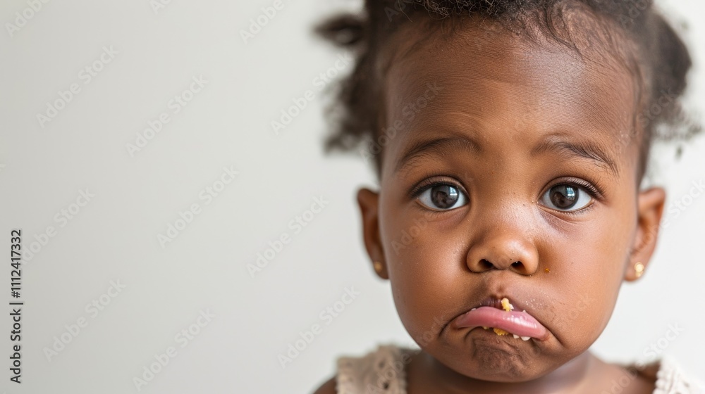 A close-up portrait Of a young black girl with a neutral expression eating a yellow snack. A close-up portrait Of a young black girl with a neutral expression eating a yellow snack.