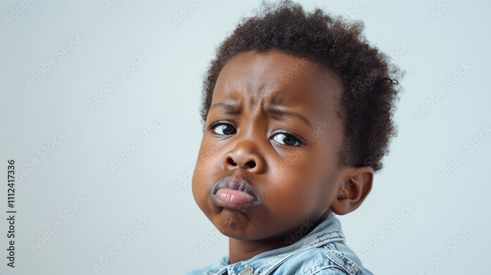 A young Black boy with an upset expression On his face. A young Black boy with an upset expression On his face.