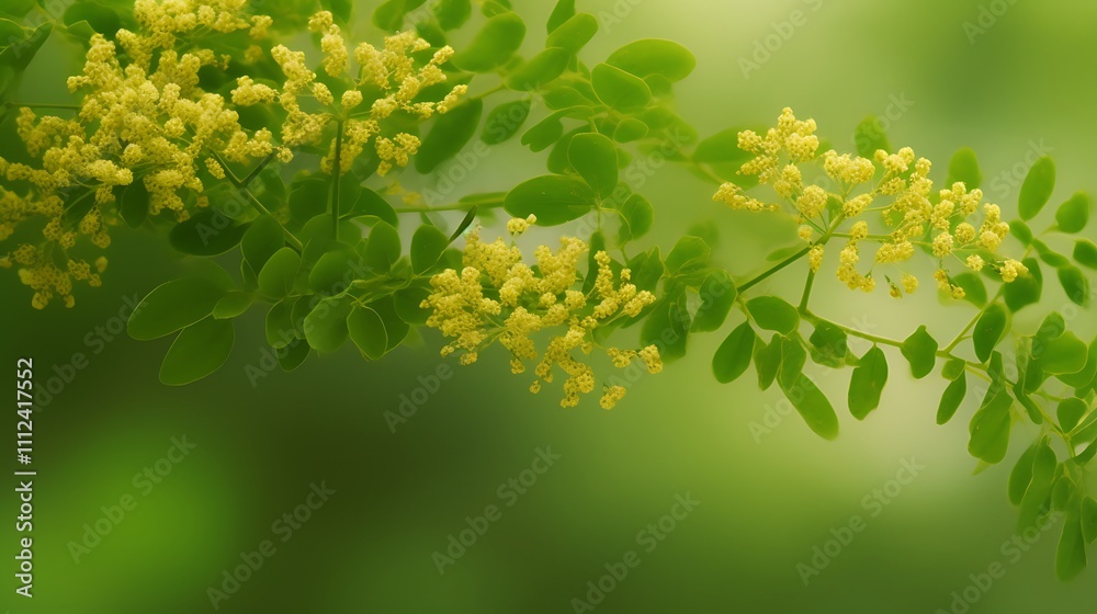 Delicate yellow flowers bloom on green leaves branch Delicate yellow flowers bloom on green leaves branch