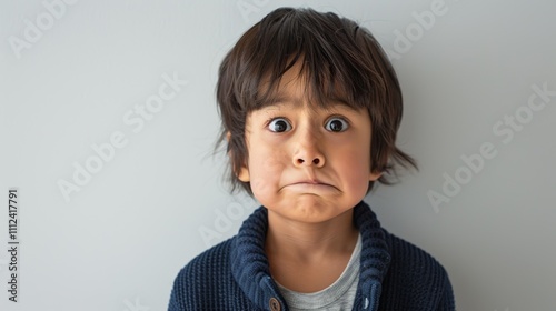 The image depicts a young boy with a startled expression wide eyes and a furrowed brow conveying a sense Of surprise or shock.