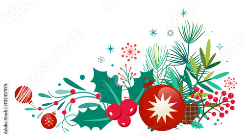 Holiday Christmas frame border corner, card, cliparts 
isolated on white background with modern simple stylized Christmas bauble, mistletoe, holly berries, leaves, balls, snowflakes