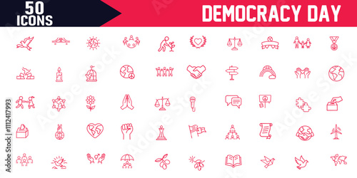 International Day of Peace and Democracy Icons, Editable Stroke Outline, Silhouette of People at Political Rally, Celebrate Democracy Day, Vector Illustration Design