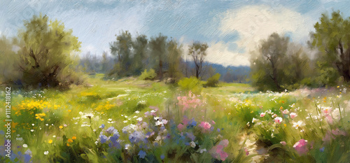 Meadow with flowers, landscape in the morning, oil paintings landscape, fine art