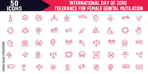 International Day of Zero Tolerance for Female Genital Mutilation Icons, Editable Stroke Outline, Holiday Concept for Banner, Card, Poster, Background, Vector Illustration.