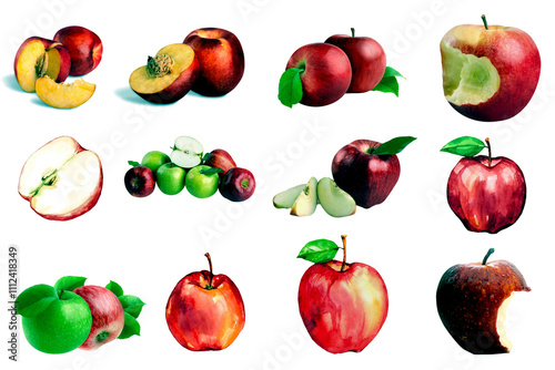 Set of realistic ripe apple ruit. Whole, half and slice cut isolated Apple vector fresh, crisp sweet natural delight. black wedges,bursting with flavor and juiciness, fruit vector illustration.