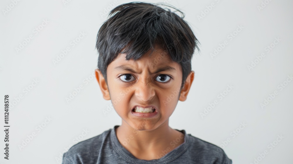 A young boy with a frustrated expression showing his teeth and furrowed eyebrows. A young boy with a frustrated expression showing his teeth and furrowed eyebrows.