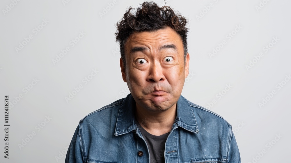 The image shows a man with a shocked expression wearing a denim jacket. The image shows a man with a shocked expression wearing a denim jacket.