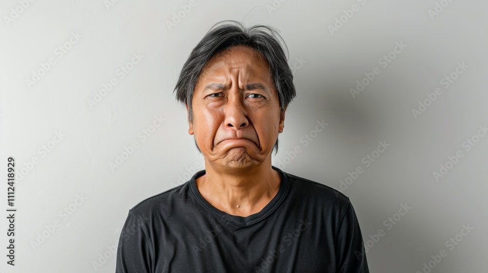 An elderly man with a pained expression wearing a black t-shirt with a white wall as the background. An elderly man with a pained expression wearing a black t-shirt with a white wall as the background.