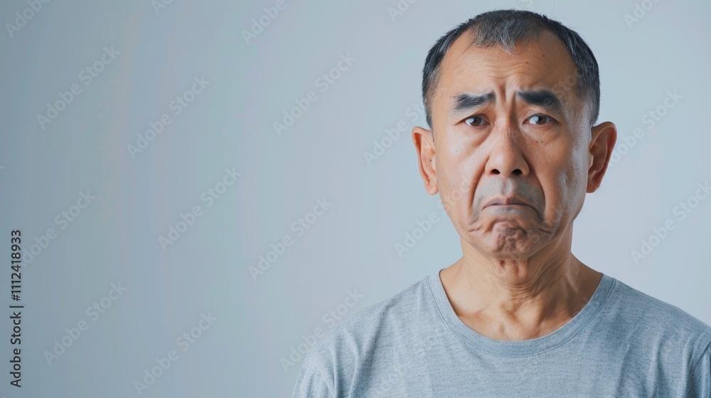 The image depicts an older man with a neutral expression wearing a gray t-shirt.