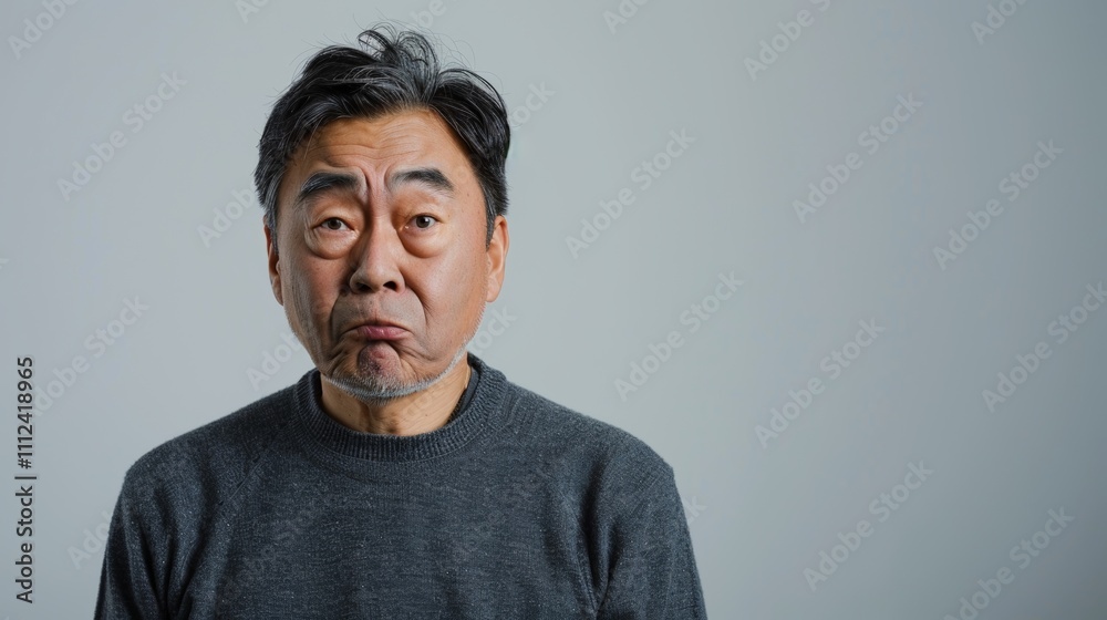 The image depicts a middle-aged Asian man with a neutral expression wearing a dark grey sweater standing against a plain grey background. The image depicts a middle-aged Asian man with a neutral expression wearing a dark grey sweater standing against a plain grey background.