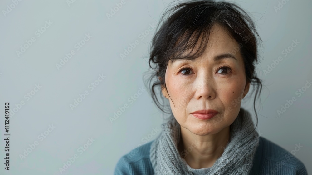 An older Asian woman with dark hair and a blue sweater possibly in her 60s Or 70s with a neutral expression and a subtle hint Of sadness or introspection. An older Asian woman with dark hair and a blue sweater possibly in her 60s Or 70s with a neutral expression and a subtle hint Of sadness or introspection.