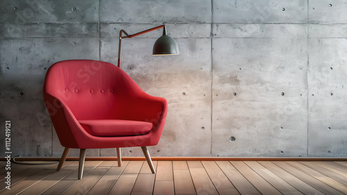 A modern red chair stands out against a stark concrete wall, embodying a blend of minimalist design and vibrant contemporary aesthetics. photo