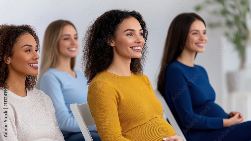 Smiling pregnant women sitting in a row, representing motherhood and community.