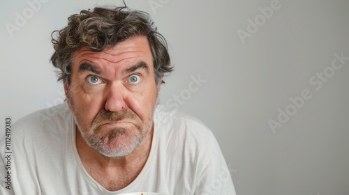 A man with a puzzled expression sporting a scruffy beard and unkempt hair wearing a white t-shirt set against a plain white wall. photo