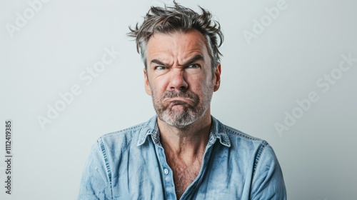 The image depicts a middle-aged man with a gruff expression sporting a scruffy beard and messy hair.