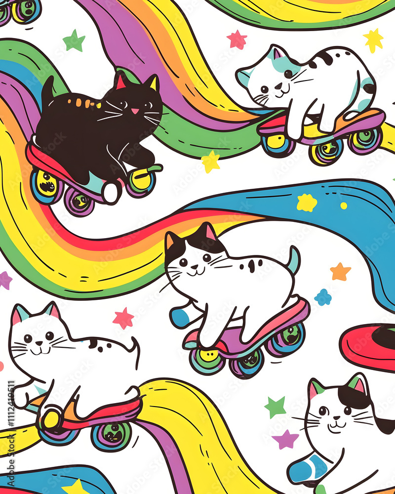 Whimsical and playful illustrations of cats in various humorous scenarios, featuring vibrant doodle art Whimsical and playful illustrations of cats in various humorous scenarios, featuring vibrant doodle art